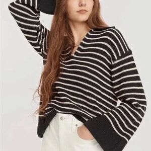 J. Crew Relaxed Collared Sweater in Striped Navy and White, XS